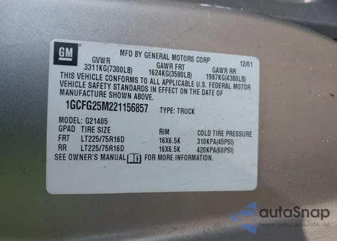 2002 Chevrolet Express G2500 from USA, damaged, VIN 1GCFG25M221156857